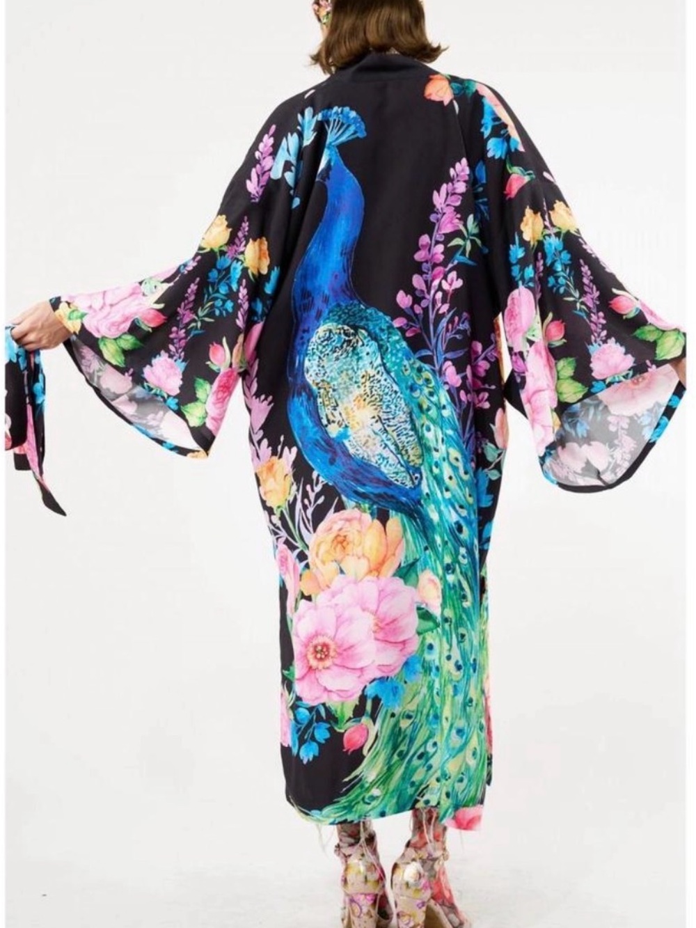 Blossom Fantasy Peacock Kimono in Black by Aratta, NWT